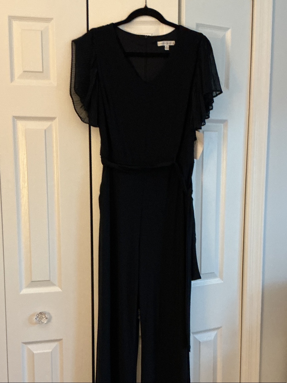 Sandra Darren Black V-Neck Jumpsuit with Pleated Flutter Sleeves